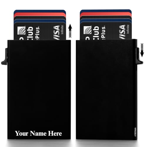 Image of Mini2buy Customized Aluminium Pop-Up Slim Card Wallet with Quick Access Button for Men & Women [Smart 6 Slot Credit /Debit ATM] RFID Blocking, Minimalist Design, Corporate Gift (9 Slot-Black)