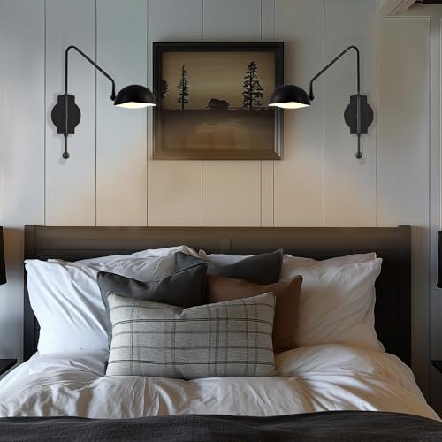 Image of Black Wall Sconce Set of 2 Plug in Swing Arm Wall Lamps Adjustable Modern Wall Mounted Sconce Light Fixture On /Off Switch Wall Sconce for Living Room Bedroom Vanity Study Desk Office