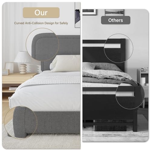 Image of BarnFurin Twin Bed Frame, Cloud Boucle Headboard, Rounded Corners, Grey | Soft boucle and rounded edges create a low-profile cloud look. Wooden slats support the mattress without a box spring