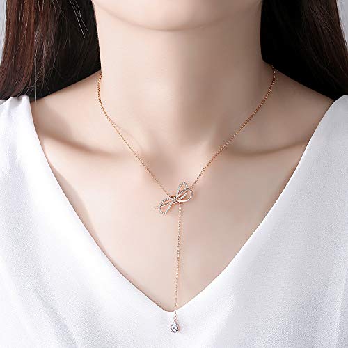 Rose Gold Butterfly Knot Bow Pendant Necklace Sterling Silver Cubic Zirconia Chain Adjustable 18.5" Max2