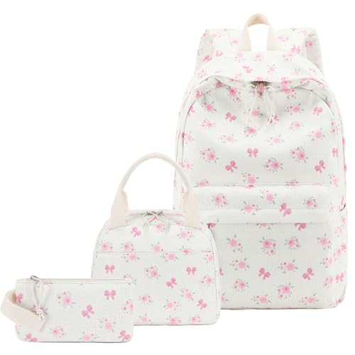 LEDAOU Mochila para meninas, mochila escolar, mochila infantil para adolescentes, conjunto de mochila com lancheira e estojo de lápis, Laço de flores pequenas rosa - bege