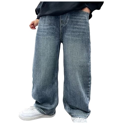 Kids Wide Leg Jeans Boys Girls Unisex Relaxed Fit Vintage Elastic Waist Baggy Straight Leg Denim Pants with Pockets