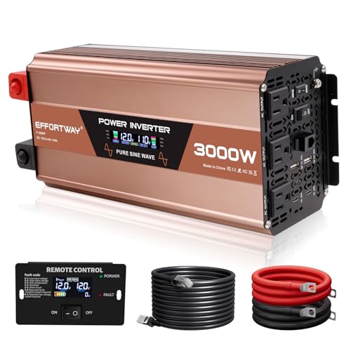 Image of EFFORTWAY 3000W Pure Sine Wave Inverter, Inverter 12V DC to 110V/120V AC for RV, Outdoor, Home, Off-Grid, Inverter with 3 AC Outlet, Dual 20W USB-C, Dual 20W USB-A, Remote Controller