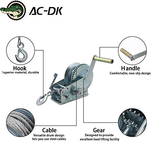 AC-DK 3500lb Hand Crank Winch with 26ft Steel Cable,Heavy Duty Boat Trailer Winch with Safety Pawl, 4.1:8.1 Gear Crank Winch, Quality Trailer Towing Winch with 2 Handles for ATV SUV UTV Winch