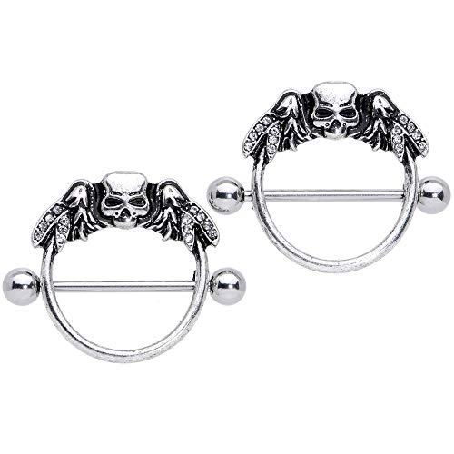 Body Candy 2Pc 14G Nipplerings Piercing Women 316L Steel Winged Skull Nipple Shield Nipple Ring Set 5/8"
