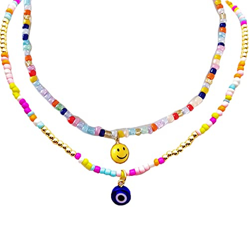Collar con cuentas de ojo malvado y cara sonriente con colgante de semillas coloridas Y2K collar de playa bohemio de cuentas para mujeres y niñas, Collar de cuentas Cover