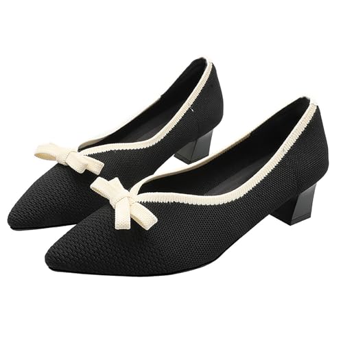 Women's Mesh Bow Low Chunky Heel Pumps Fashion Closed Pointed Toe Knit Slip-On Block Heels Dress Shoes for Wedding Party