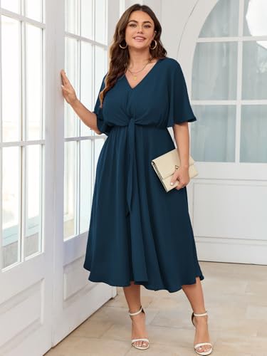 Image of SCOMCHIC Women Plus Size Midi Dresses Wedding Guest Short Sleeve V Neck Tie Waist Casual Summer Flowy A Line Dress