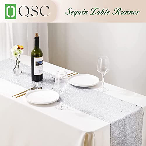 Oqsc Sequin Table Runners 72 Inches Long Christmas Glitter Rectangle Table Runner For Party, Wedding, Bridal, 10 Pcs, Silver #TOP2