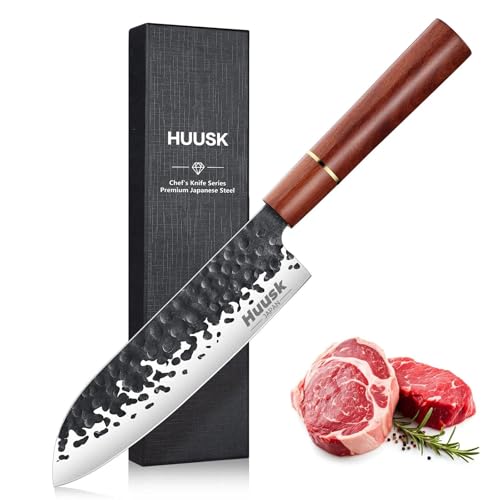 Image of Huusk Japanese Santoku Chef Knife, Professional Chef Knife 7 Inch | Razor Sharp Kitchen Knives for Meat Cutting, Multipurpose Cooking Knives with Hand Forged Blade & Rosewood Handle, Ideal Gift