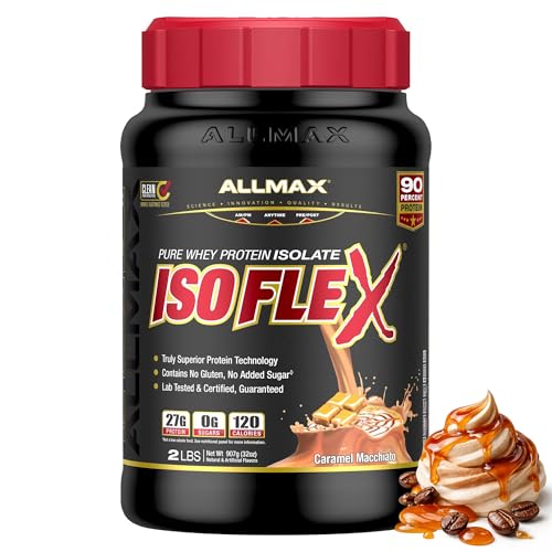ALLMAX ISOFLEX Pure Whey Isolate Protein Powder - Gluten Free, Low Lactose, Sugar-Free - High-Protein, Clean, Keto-Friendly for Pre Post Workout Supplement for Women and Men | Caramel Macchiato, 2lb