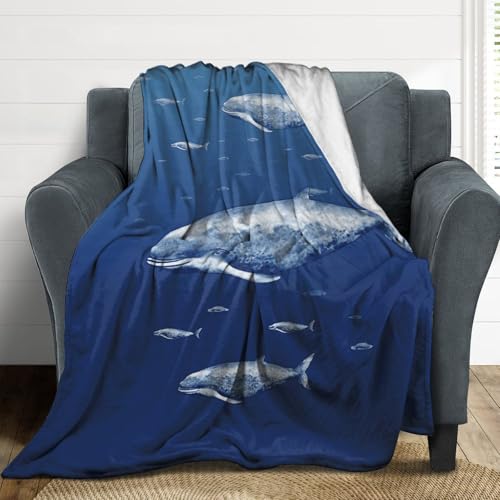 Couverture extra large en flanelle motif baleine bleue pour lit et canapé
