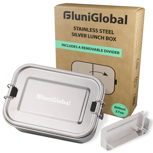 FLUNIGLOBAL Stainless Steel Lunch Box for Adults | 27 oz | Leak Proof with Silicone Locks | Eco-friendly Metal Lunch Box Container for Travel | Removable Divider | Silver