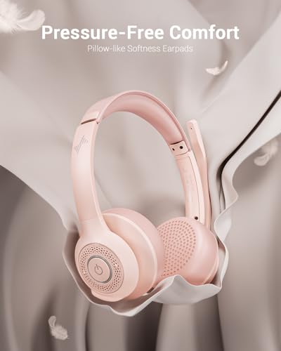 Image of JIAMQISHI Pink Wireless Bluetooth Headset 5.2, AI Noise Cancelling Mic Headphones with USB Dongle Mute for Laptop & Cell Phones