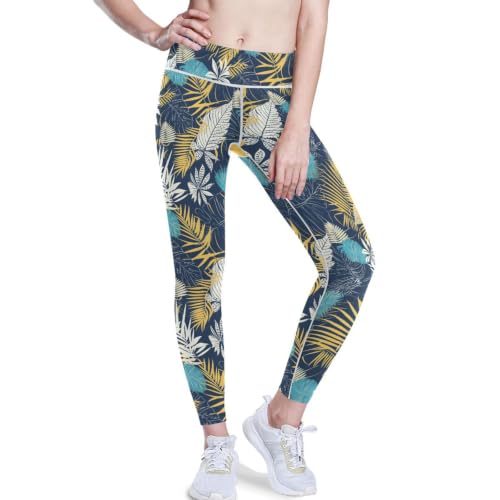 Leggings de yoga para mujer talle alto con estampado de hojas tropicales mallas capri