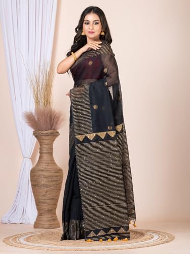 Image of Handloom Muslin Tissue Jamdani Cotton Silk Saree with Sequins Blouse