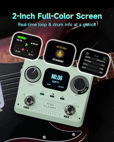 Image of FLAMMA FF20 Looper Pedal Drum Machine, Drum Looper Guitar Pedal with Screen, 300 Min Recording, 220 Drum Grooves, 100 Loop Slots, Time Stretch, Auto Record, USB & Headphone Out, for Guitar and Bass
