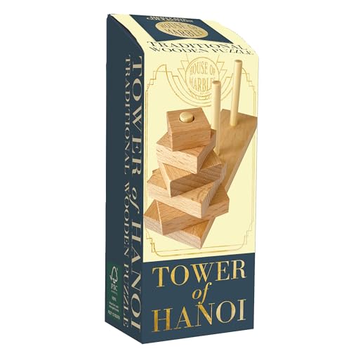 House of Marbles Tower of Hanoi Wooden Puzzle, FSC-Certified 5-Block Logic Brain Teaser with 3 Pegs, Classic Strategy Challenge for Kids and Adults