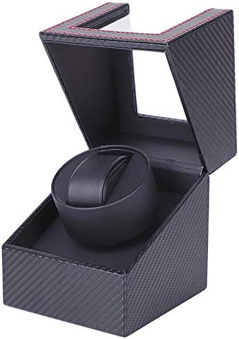 Aokelily Automatic Single Watch Winder, with Flexible Plush Pillow, in Wood Shell and Carbon Fiber Leather, Japanese Motor, Rotation Mode Setting, for Men and Women Automatic Watch