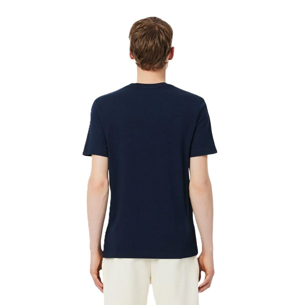 Lacoste Camiseta de Manga Corta para Hombre, Algodón 100%, Azul Marino, Cuello Redondo, Raya en Hombros, Regular Fit