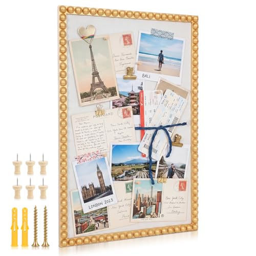 Maitys Bead Pinboard Framed Linen Bulletin Board, Gold, 20 x 30 Inch