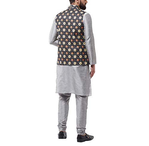 Image of SOJANYA (Since 1958 Men's Silk Blend Grey Kurta Pyjama & Printed Nehrujacket Combo