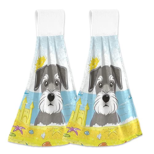 Hanging Towel 2Pcs For Kitchen Animal Schnauzer Dog Summer Beach Ocean Hand Towels Soft Velvet Towel Dish Cloths Dry Towel For Bathroom #TOP5