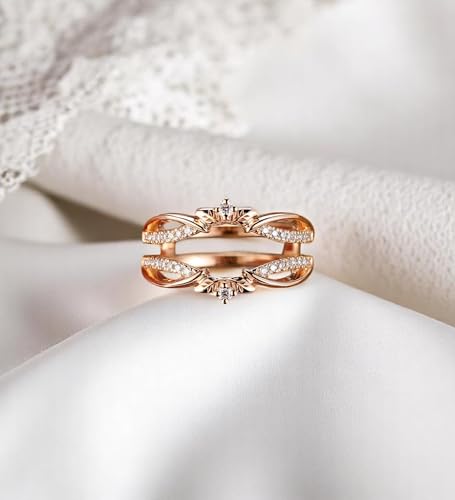 14K Gold Ring Enhancer Guard – Double Band Diamond Simulant Ring Jacket for Women – Elegant Pavé Leaf Design Wedding Ring Wrap4