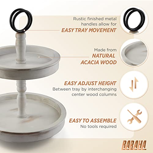 Rabaha 2 Tier Tray Stand Wood Farmhouse Decor - Two Tiered Decorative Tray Stand Wooden - 2 Table Kitchen Tray Rustic With Metal Round. Cake Stand, Cupcake, Cookie, Food And Party Display (White) #TOP1