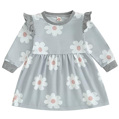 Image of Mubineo Toddler Baby Girl Dress Long Sleeve Ruffle Dress Cute Flower Dresses Kids Fall Clothes (Grey, 6-12 Months)