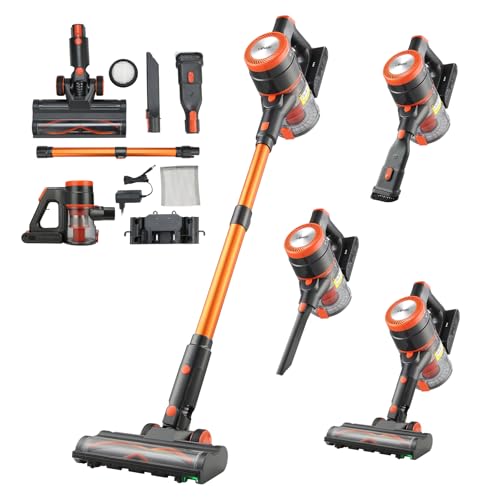 VEVOR Aspiradora Inalámbrica Escoba Recargable, con Potencia de Succión Máxima 40 kPa, con Depósito de Polvo y Pantalla LED, con 47 min Autonomía para Alfombras, Pelo de Mascotas y Suelos Duros
