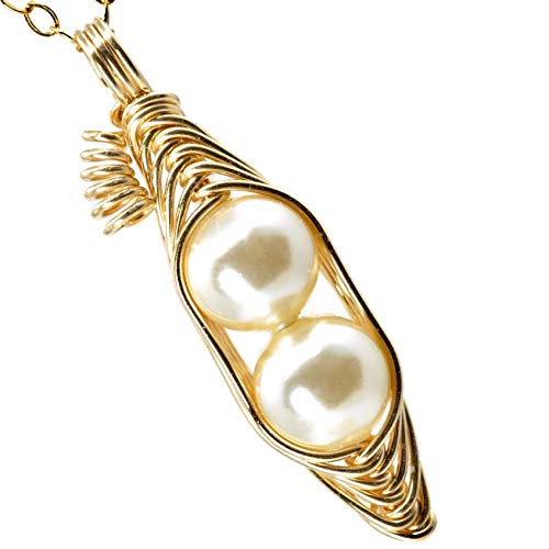 14k gold filled 2 Peas in a pod peapod necklace, Austrian crystal pearls, Gift for Mom, ivory off white