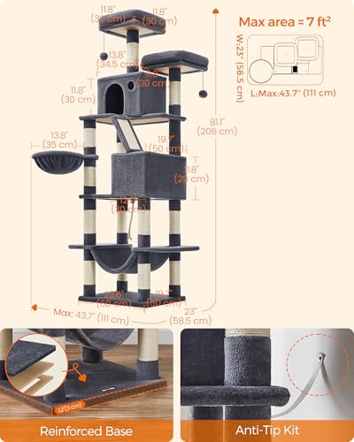 Image of Feandrea Cat Tree, 81.1-Inch Large Cat Tower, Multi-Level Plush Condo with 13 Scratching Posts, 2 Perches, 2 Caves, Basket, Hammock, Pompoms, Smoky Gray UPCT190G01