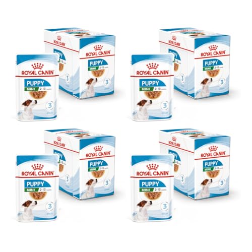 ROYAL CANIN Mini Puppy | 4er Pack | 4 x 12 x 85 g | Nassfutter für kleine Hundewelpen | Bis zum 10. Lebensmonat | Feine Stückchen in Soße | Weiche Textur für die Milchzähne