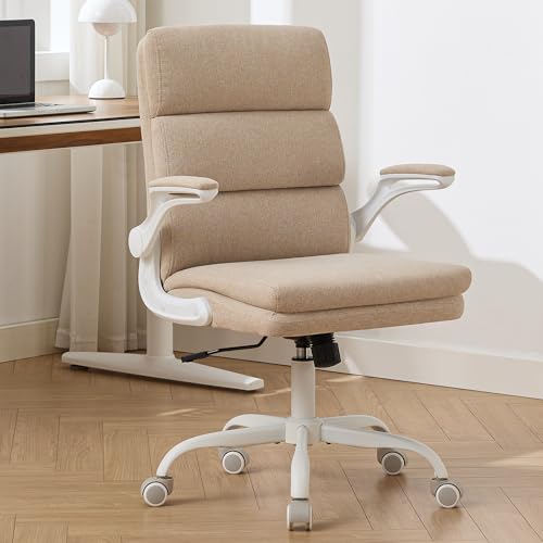 LukkDys Ergonomic Office Chair with 3-Stage Back Support Executive Fabric Desk Chair with Flip-up Armrests Adjustable Height & Swivel Computer Chair for Home Office Beige