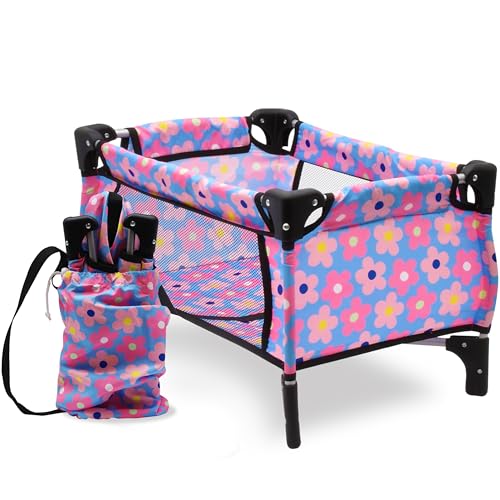 Baby Doll Crib Playpen with Storage Bag Compact Foldable for Girls Toddlers Children Toy Bed Set Dolls Furniture Pretend Play Kids Gift Blue