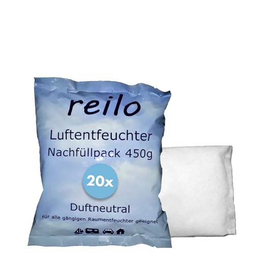 reilo 20x 450g Luftentfeuchter Granulat (Calciumchlorid), Raumluftentfeuchter im Vliesbeutel, Nachfüllpacks für Entfeuchterboxen 400 bis 1200 g, Lufttrockner für Wohnräume, Schlafzimmer, Keller