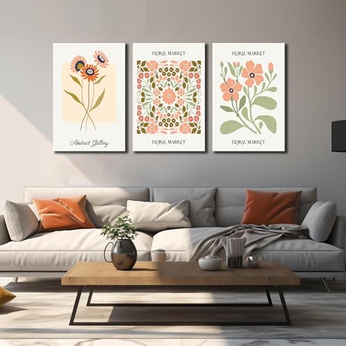 Image of SKYRISE 3 PCS Boho Floral Canvas Wall Art, Rustic Botanical Canvas Paintings Prints ArtWork for Living Room, Vintage Flower Pictures for Farmhouse Dining Room Hallway Bedroom Wall Decor 24 inchx36 inch