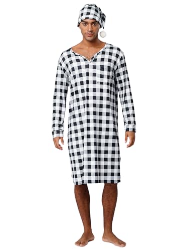 ACSUSS Men Nightgown Plaid Printed Nightshirt with Sleeping Cap Mid-length V-neck Nightdress Black Medium