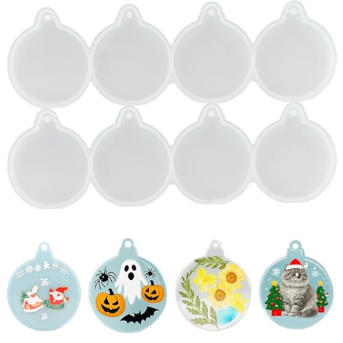 2pcs 4-Cavity Deep Round Christmas Ornament Resin Mold Round Silicone Keychain Molds for Epoxy Resin Christmas Tree Decorations Christmas Bauble Silicone Mold Halloween