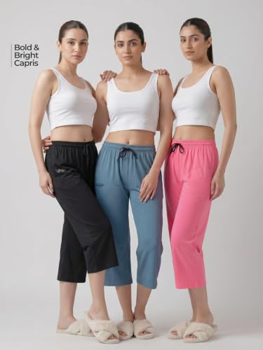 Image of Fflirtygo Women's Cotton Plain Calf Length Capri | Nightwear Pajama | 3 /4th Solid Pyjama Pant | Black Navy and Lavender Lounge Pants | Casual wear & Lounge Wear Capri Combo (Pack of 3)