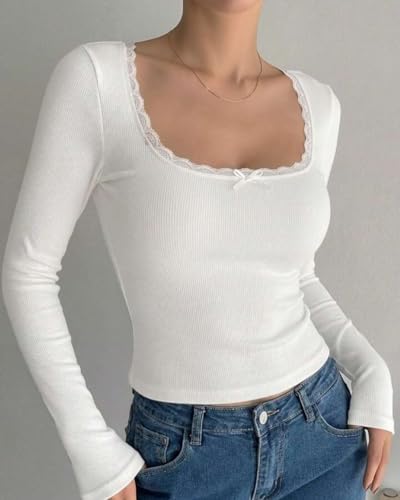 Image of Women Round Deep Neck Lace Crop Top, Full Sleeve, Korean Style, Slim Fit, Stretchable, for Party