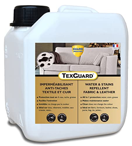 Guard Industrie - Tratamiento antimanchas TexGuard - Impermeabilizante textil invisible, repelente al agua, incoloro - Tejido, cuero, sintético, gamuza - Bote - 2 litros - Trata 50 m2 (incluye pulverizador) Cover