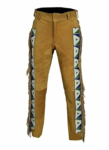 Mount Helicon Men's Native American Buckskin/Deerskin Suede Leather Pant Fringes Red Indian Cowboy Reenactment Mountain Man