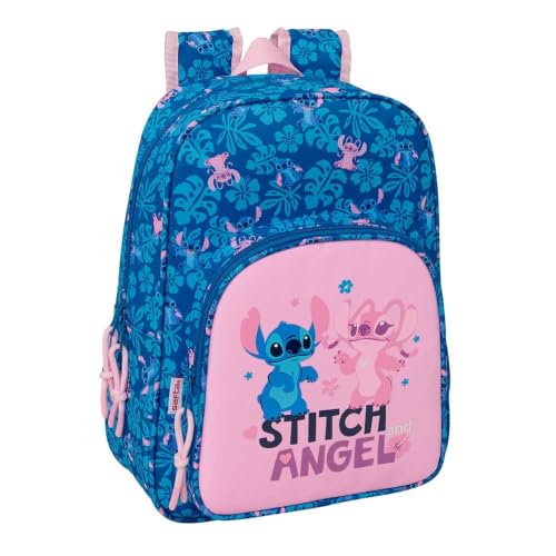 Safta | Mochila Escolar Disney Stitch Lilo Adaptable a Carro (Sin Carro), Infantil, Hombreras Ergonómicas y Acolchadas, Bolsillo Frontal Gran Formato y Portabotellas, Azul y Rosa, Medidas 26x11x34 cm