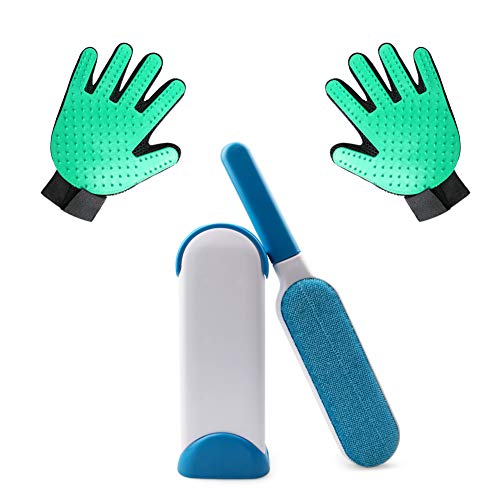 Rieibi Hair Remover Brush Grooming Gloves, Blue Double-Sided Brush with Self-Cleaning Base for Furniture Clothing Car Seat, Deshedding Tool Perfect for Long and Short Dog & Cat Fur(3 Pack)