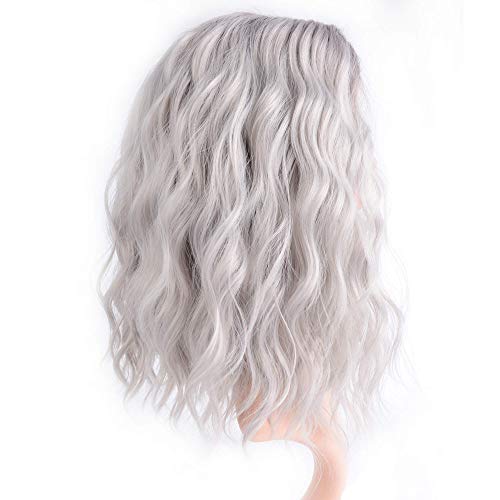 Faelbaty 14 Inch Curly Grey Wig Short Bob Wigs Shoulder Length Side Part Women's Short Wig Ombre Color Synthetic Cosplay Wig For Girl Halloween Costume Wigs Ombre Purple Grey Color #TOP4