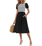 Zattcas Womens 2025 Summer Casual Ribbed Midi Dress Crewneck Short Puff Sleeve Striped Fit and Fl...