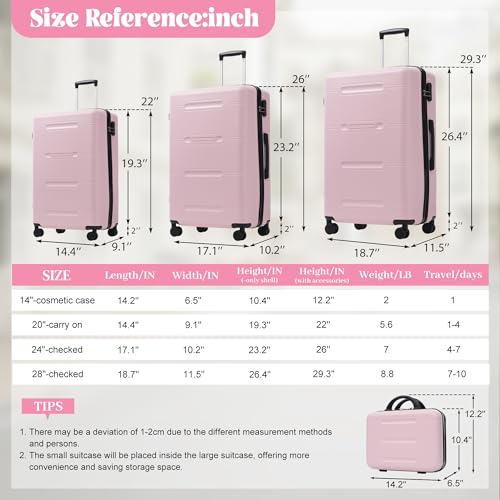 Image of 6 Pcs ABS Hardshell Luggage Set Spinner Wheel Suitcase Suitcase Baby Pink