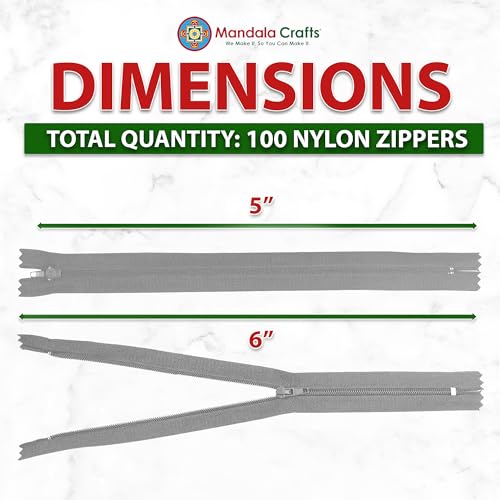 Image of Mandala Crafts 100 PCs Gray Closed-End 5 Inches Nylon Zippers for Sewing
